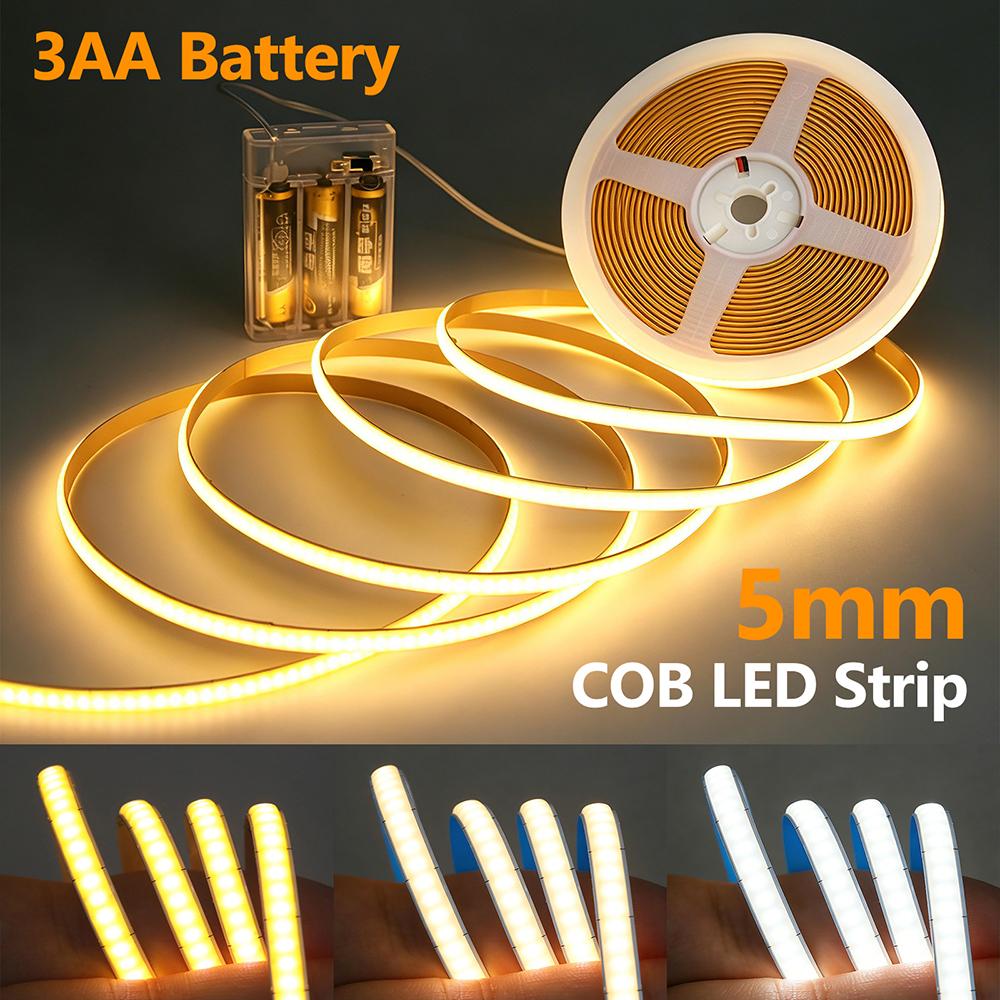 5V COB Led Strip Battery Power with Switch Night Light 3mm 5mm 8mm PCB Ribbon Tape 320LEDs Flex for Under Cabinet Bedroom Decor