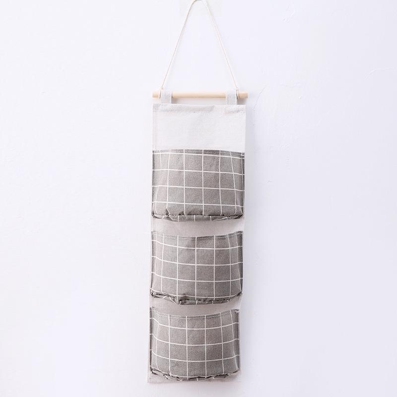 Grid Pattern Cotton Linen Three-Pocket Hanging Storage Bag