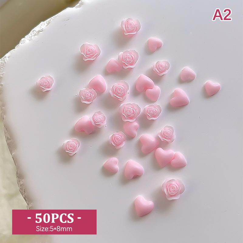 50Pcs Heart Rose Nail Art Decorations Resin Soft Carving Flower Nail Drills Mixed Size Vintage Nail Accessories