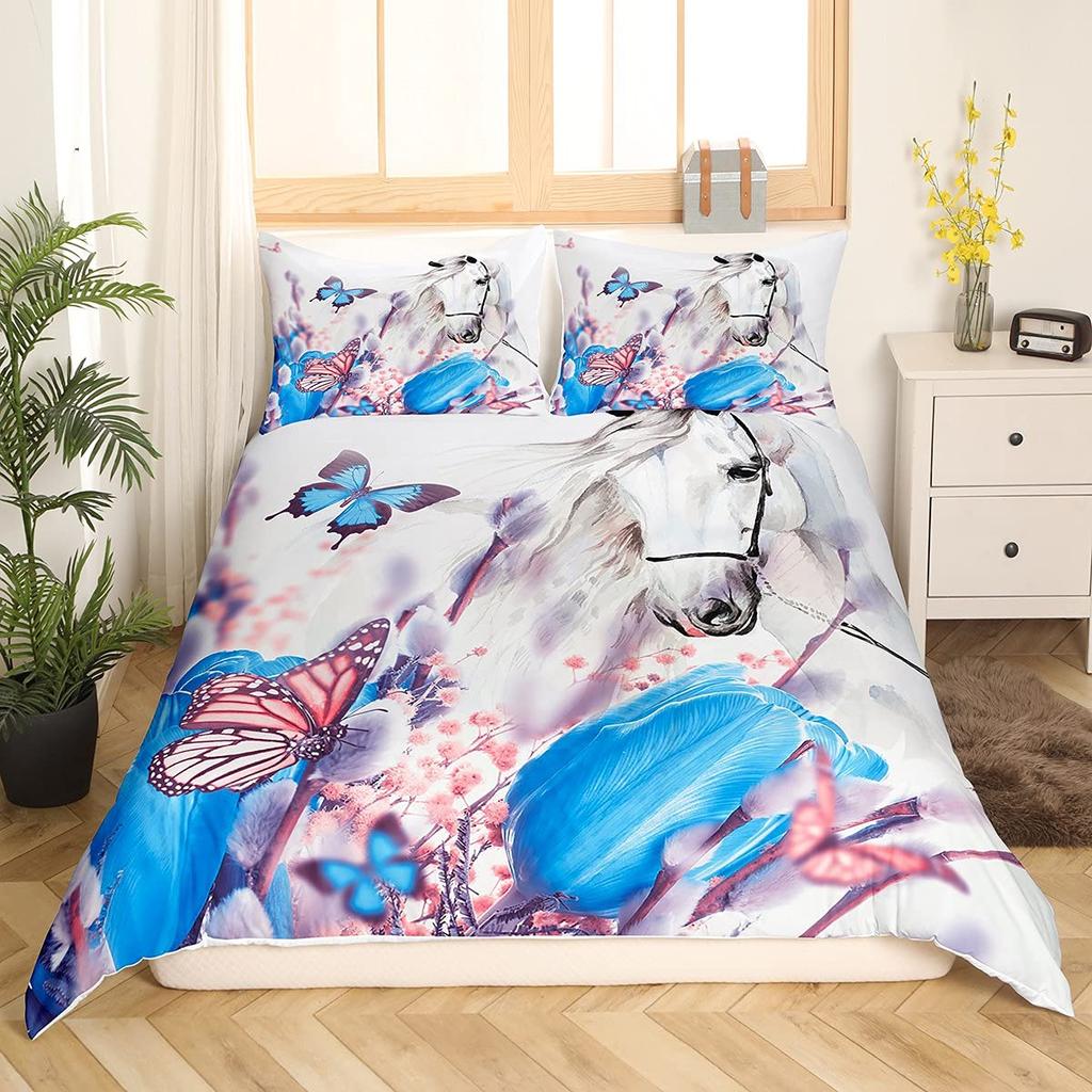 Белый конь Розовый цвет сакуры Король Полный Комплект Постельного Белья Акварельный Цветочный Пододеяльник Животный Пододеяльник Полиэстеровый Чехол для Одеяла