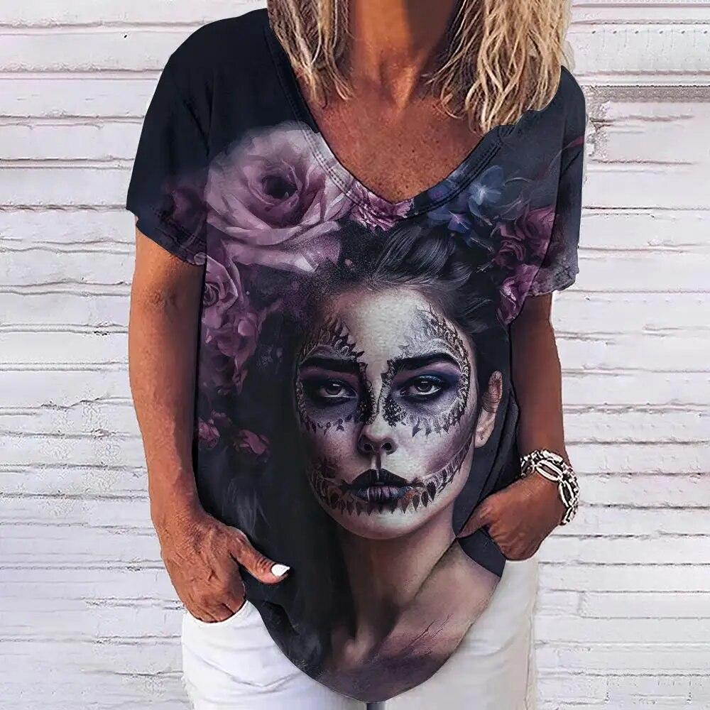 Лето 2023, новинка, женский топ с 3D принтом черепа ужасов и v-образным вырезом, футболка с короткими рукавами, повседневная забавная одежда Harajuku Y2K Day Of The Dead