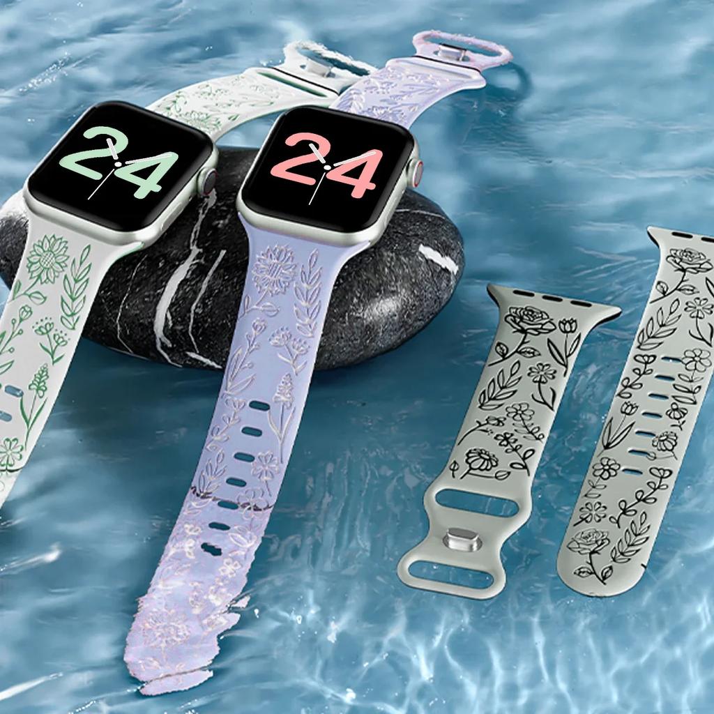 Ремешок с гравировкой и цветочным узором для Apple Watch Band Ultra 2 49/ 46/ 45/ 44/ 40/ 42 мм, браслет IWatch Series 10 9 8 7 6 SE 5 4