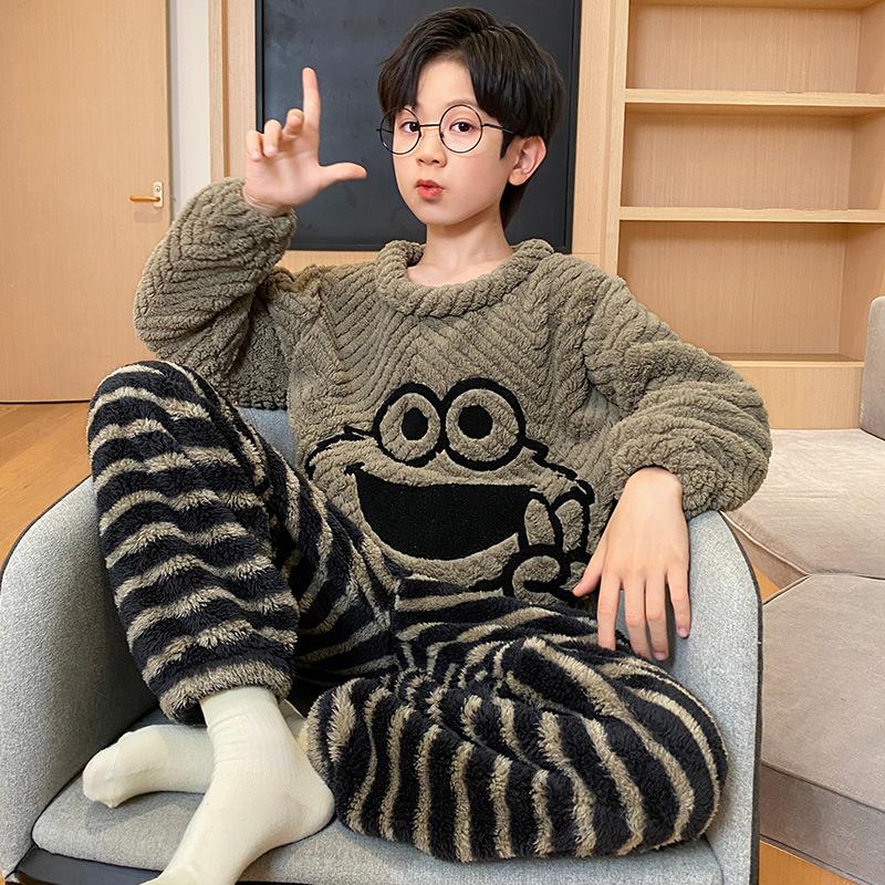 Kids Flannel Pajamas Set Boys Girls Warm Long Sleeve Top And Pants Sleepwear Winter Home Nightwear