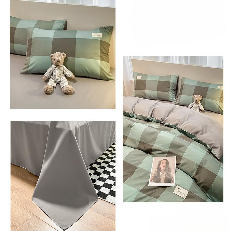 Простыня в клетку из четырех предметов и пододеяльник в японском стиле в скандинавском стиле, набор из трех предметов из стираного хлопка с начесом