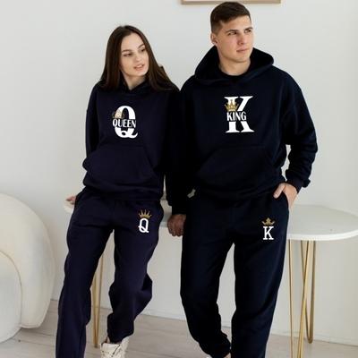 Костюмы с капюшоном для влюбленных пар KING QUEEN, 2 предмета, толстовка с капюшоном и брюки, мужской и женский комплект с капюшоном, топы, классическая модная спортивная одежда, наряд