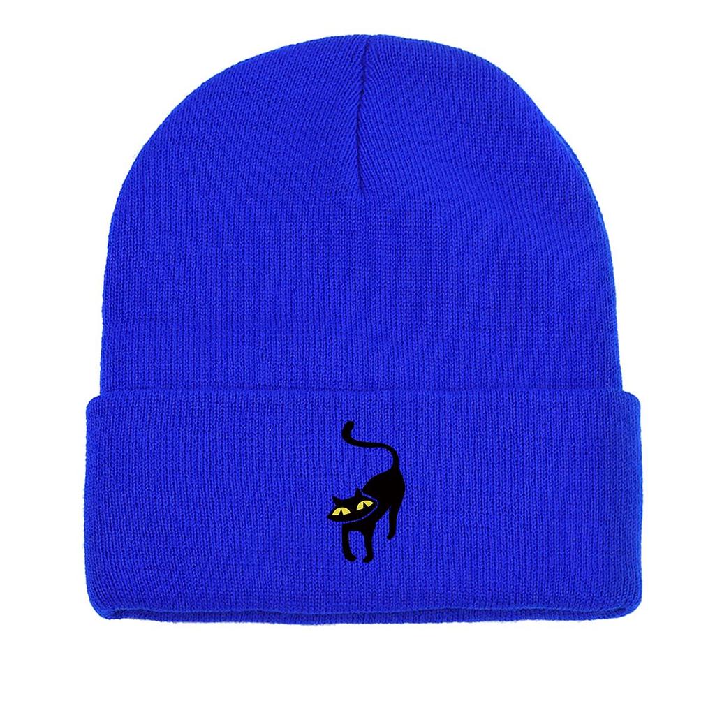 Вязаная шапка с принтом черного кота, шапка Animal Woman, эластичная термопростая шапка с помпоном, вязаная шапка, шапка-бини