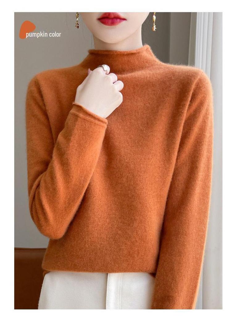 Женский свитер с полуворотом из мериносовой шерсти - 100% чистая шерсть, закрученный край, осенне-зимний трикотажный пуловер