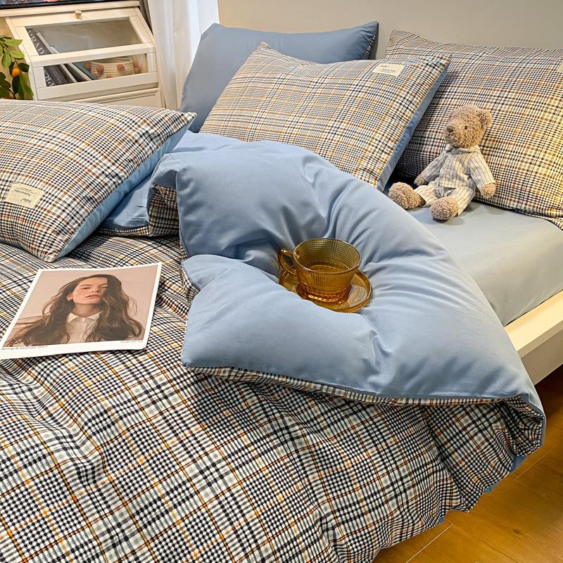 Простыня в клетку из четырех предметов и пододеяльник в японском стиле в скандинавском стиле, набор из трех предметов из стираного хлопка с начесом
