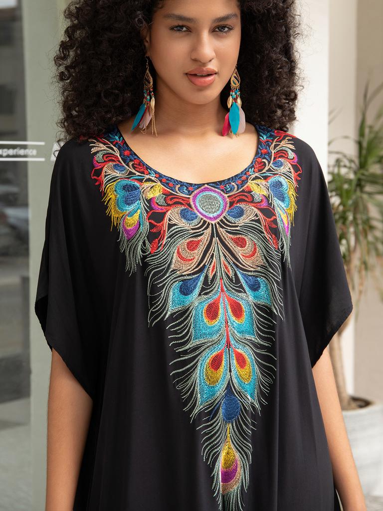 Женские макси-платья с вышивкой в виде павлиньих перьев, накидки для купальников, летние кафтаны, купальные костюмы, распродажа