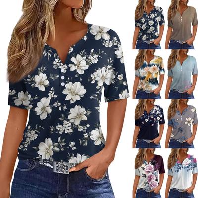 Женская повседневная футболка с v-образным вырезом и короткими рукавами, декоративная футболка на пуговицах, топ