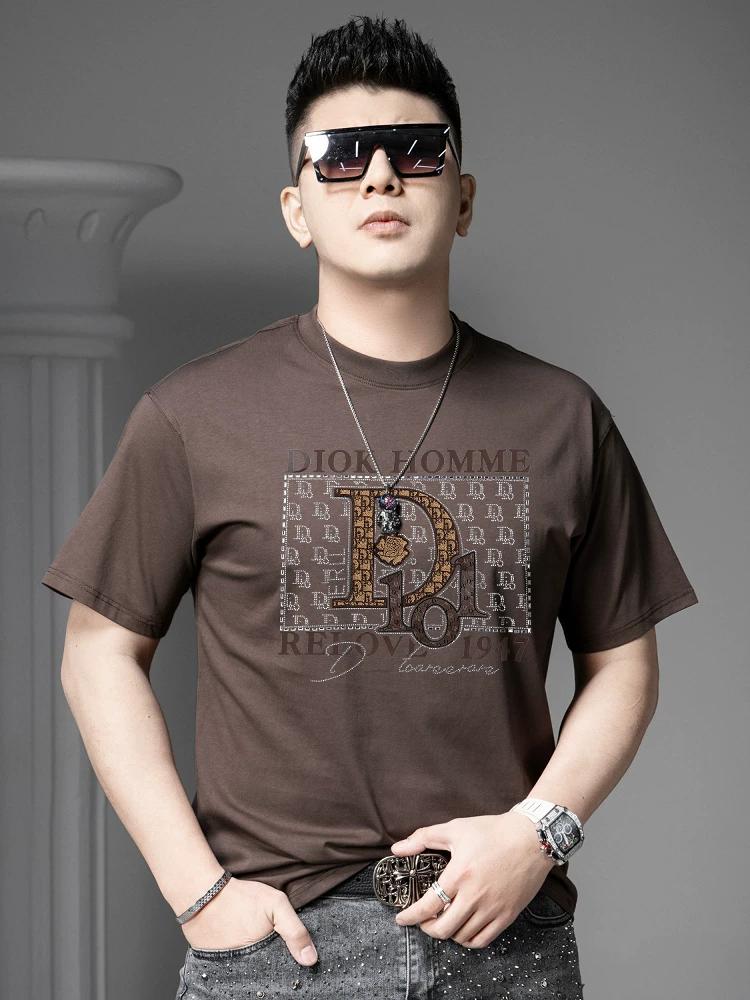 European Summer New Style Letter Rhinestone Short-Sleeve T-Shirt Men's Trendy Casual Loose Fit Half-Sleeve Top