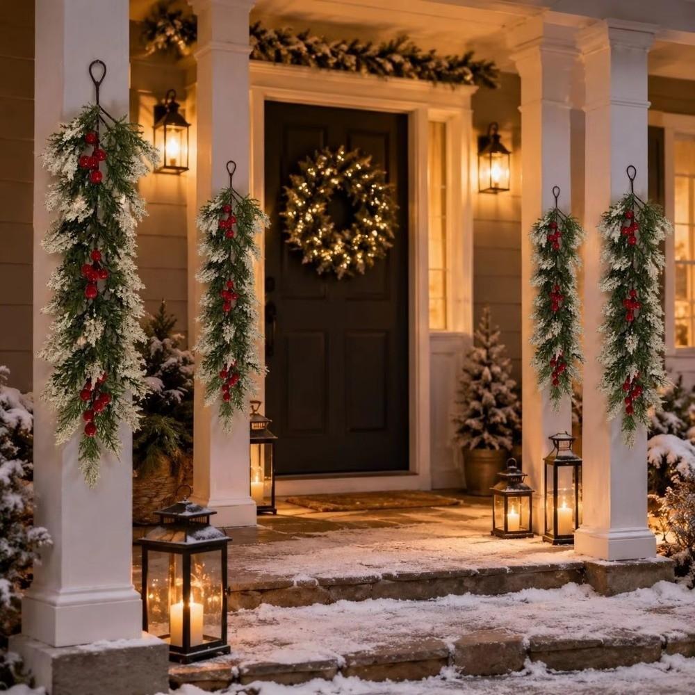 Frosted Christmas Hanging Swag Red Berries Christmas Garland Stair Porch Wall Decoration