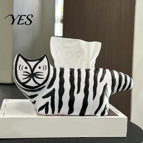 Tissue Box with Storage Box, Striped Cat Shape Dispenser, Ample Interior Living Room Space Vinyl Case, Compact Decorative Durable Paper Holder for Car