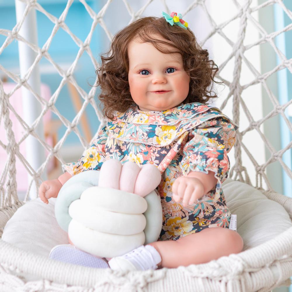 Cute 60cm Reborn Doll Maddie with Rooted Curly Hair Cloth Body Fat Baby Doll Look Real Handmade 3d Painted Skin Newborn Dolls for Kids Age 3+ Year Old