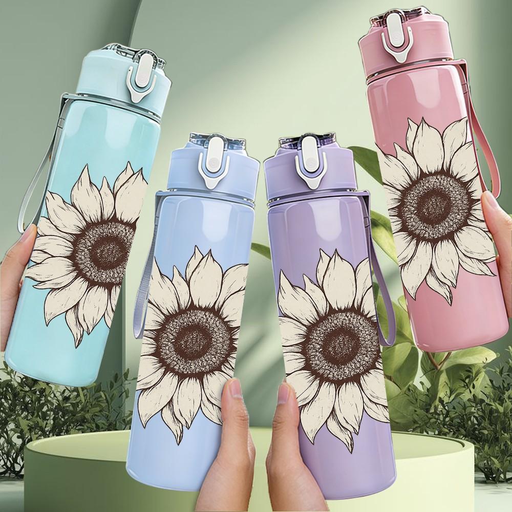 1PC Sunflower Single Bloom Art Print 750ml Color Plastic Sports Water Bottle Leakproof Flip Straw Lid Suitable for Sports Office Home Use