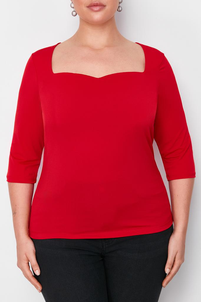 Women's Fashion New Plus Big Size Blouse Black Sweetheart Neckline Fitted Knitted Blouse