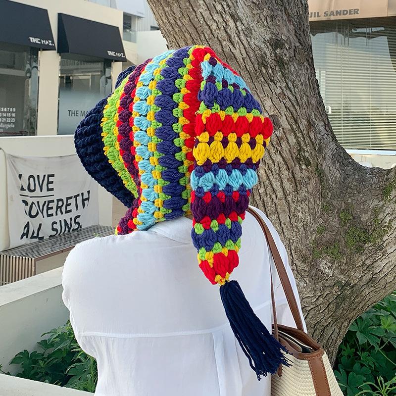 Шапка ручной работы из шерсти в этническом стиле, защитные наушники, радужная вязаная шапка, подборка фотографий из путешествий, креативная и забавная шляпа ведьмы