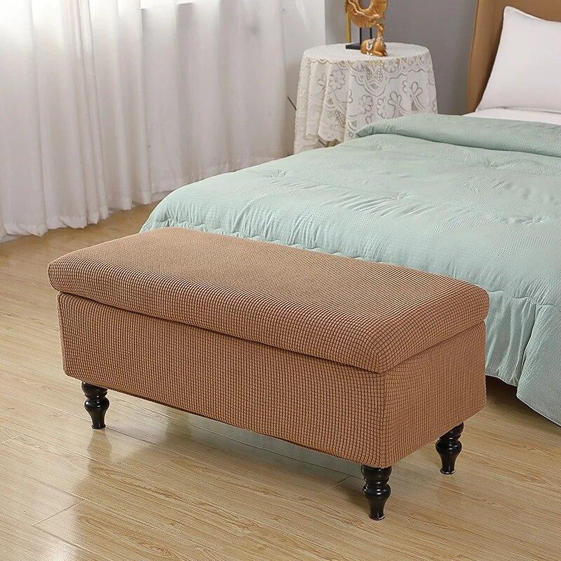 Solid Color Storage Ottoman Covers Rectangle Elastic Bedside Footstool Cover Non-Slip Polar Fleece Footrest Seat Bench Slipcover
