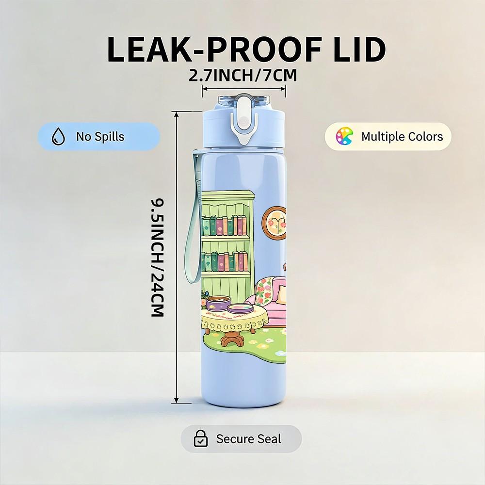 1PC Book Lamp House Dreamy Scene Print 750ml Color Plastic Sports Water Bottle Leakproof Flip Straw Lid Suitable for Sports Office Home Use