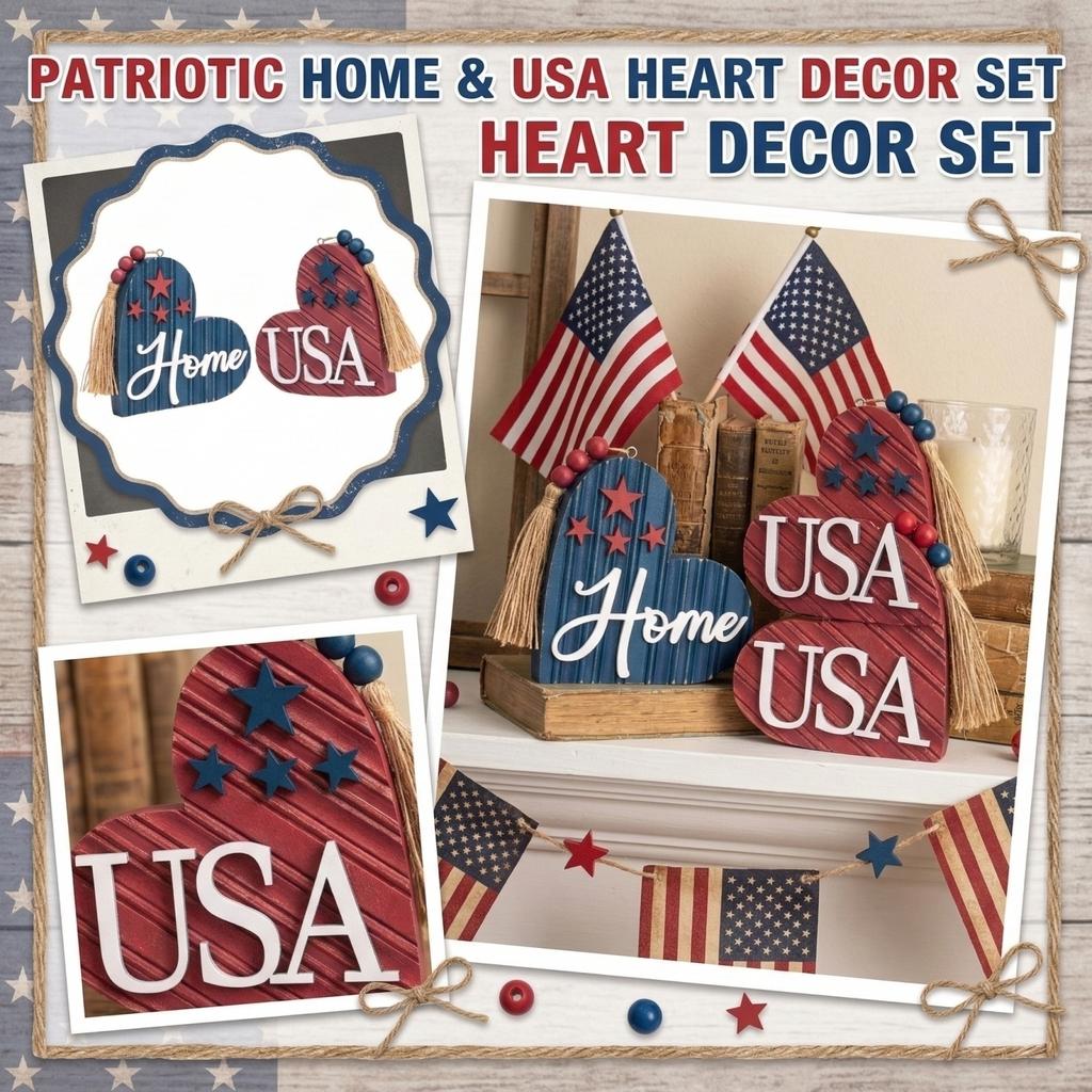 Independence Day Heart-Shaped Flag Red And Blue Stars And Stripes Wooden Decoration For Holiday Desktops Independence Day