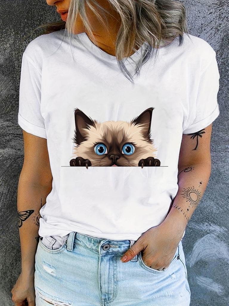 Cute 2D Peeking Siamese Cat Print T-shirt, Casual Loose Cotton Short Sleeve Tee, Adorable Kitten Graphic Top for Cat Lovers