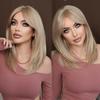 Light Gray Blonde Shoulder Straight Wig for Women - Asian Babe Curtain Bangs, Heat Style Trim Ready, High Quality Machine Made Full Cap Wig