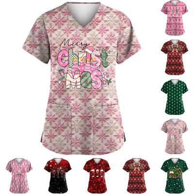 Большие размеры Рождественский принт Рабочая униформа Топы для женщин V-образный вырез Короткие рукава Футболки рабочая одежда Футболка с карманами