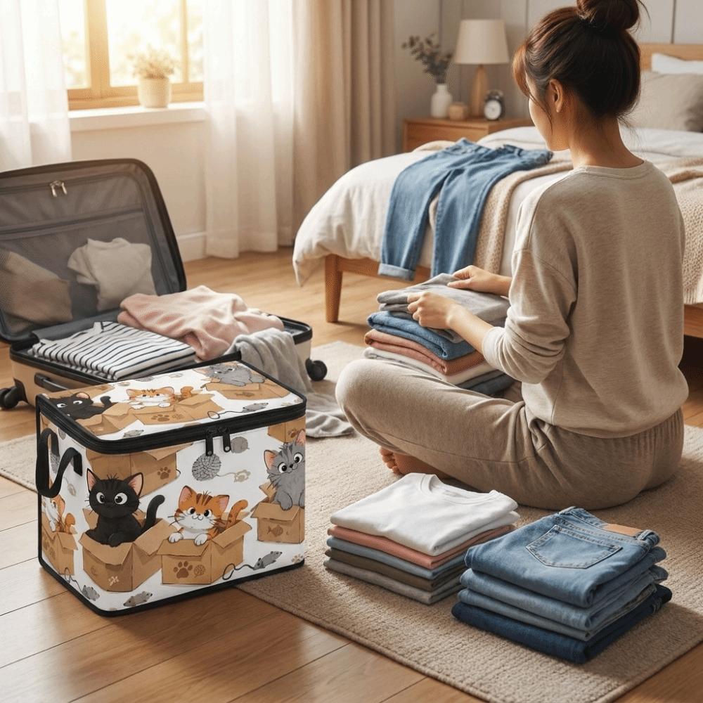 Non-woven Fabric Foldable Clothes Organizer Cat Pattern Wardrobe Basket  Home Storage