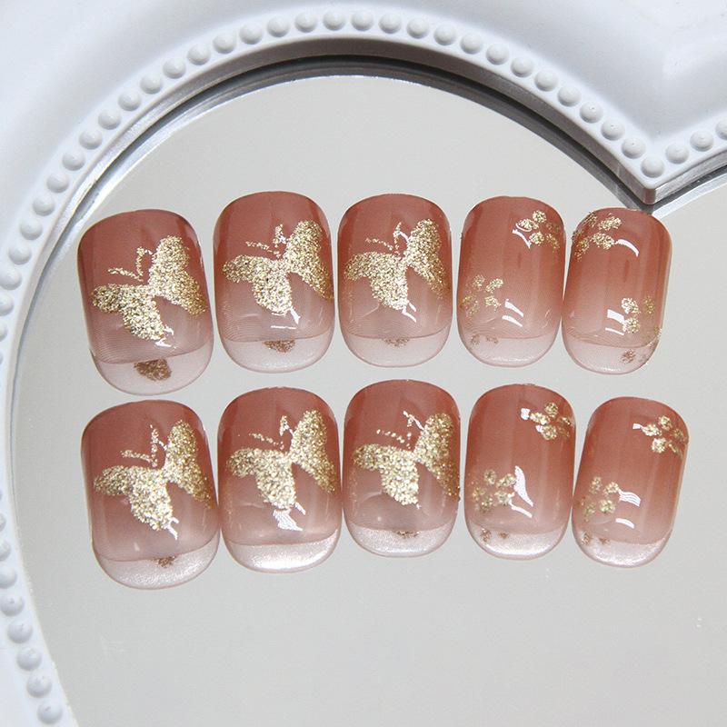 fine flash flower butterfly gradual change short European square girl temperament fake nail patch removable wearable armor 24 pieces