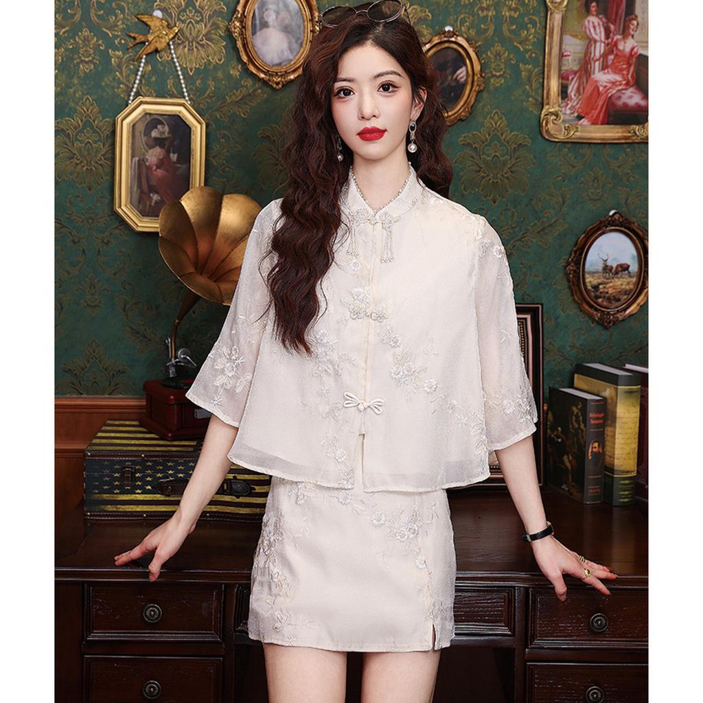 2026 Summer New Chinese Fairy Short Skirt Set with Chinese Style Pan Button Top Two Piece Set Shirt for Women
