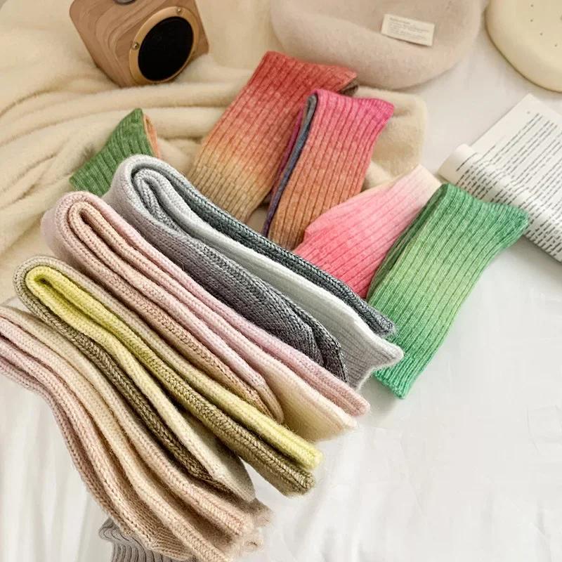 Winter Thick Warm Long Socks Gradient Wool Cashmere Kawaii Socks Women Thermal Floor Sleeping Socks New Year Gift Autumn 2024