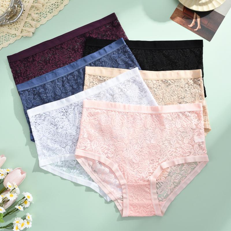 3PCS/Set Floral Embroidery Lace Panties Women's Plus Size Underwear Sexy Hollow Solid Briefs Girls Mid-Rise Temptation Lingerie