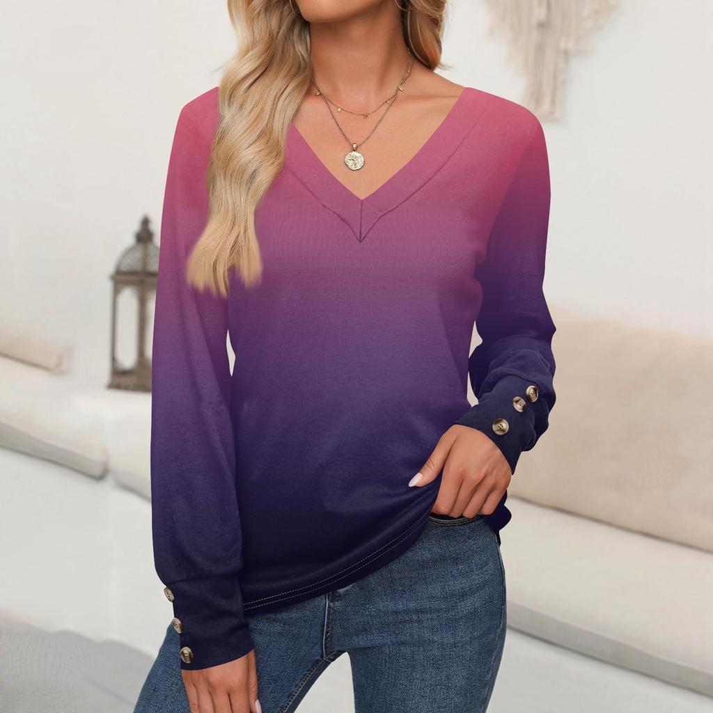 Women's Tops Gradient Printed Long Sleeve Shirt V Neck Casual Loose T-Shirt Autumn Clothing