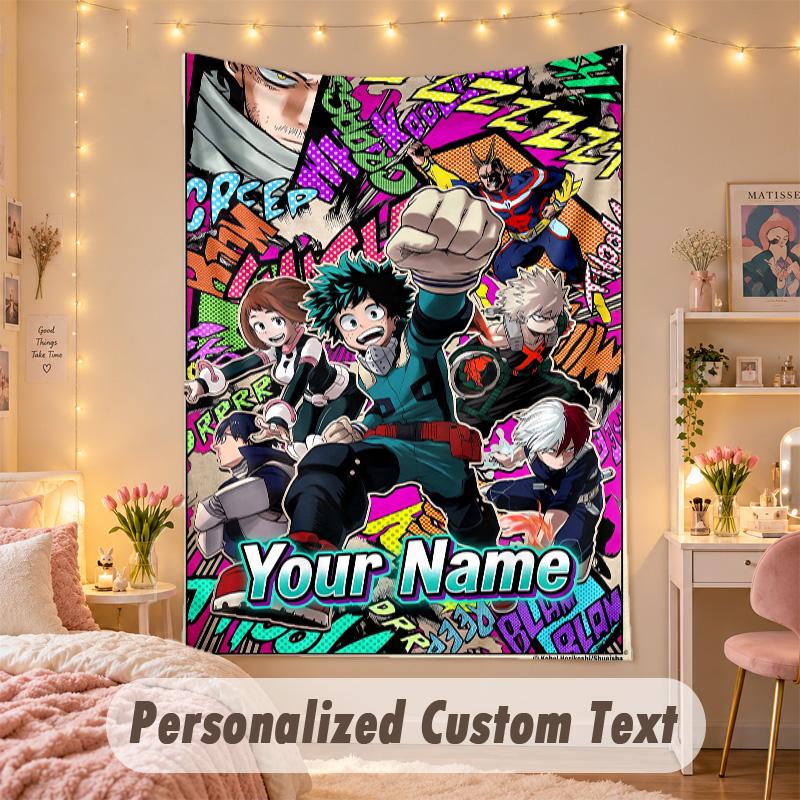 Custom Personalized Tapestry,My Hero Academia Print Custom Name Text Wall Art Hanging for Bedroom