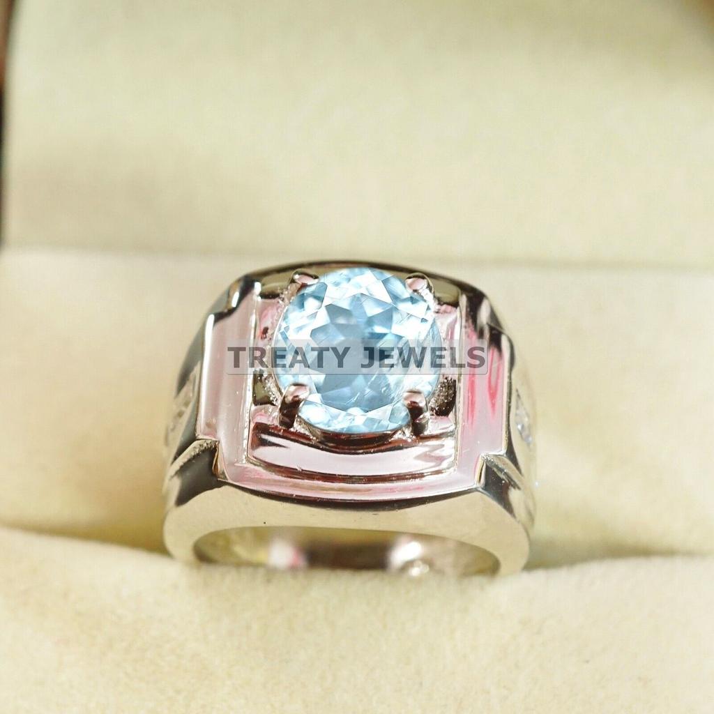 Aquamarine Oval Cut Gemstone With 925 Sterling Silver Ring For Men's #A738 JL375659044904