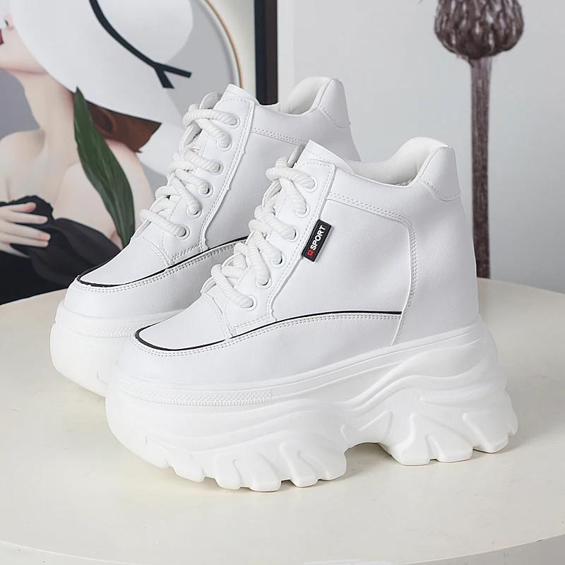 Модная осенне-зимняя женская обувь из кожи с высоким верхом, кроссовки на платформе и танкетке, массивная обувь, скрытый каблук 12 см, белая, черная, женская повседневная обувь