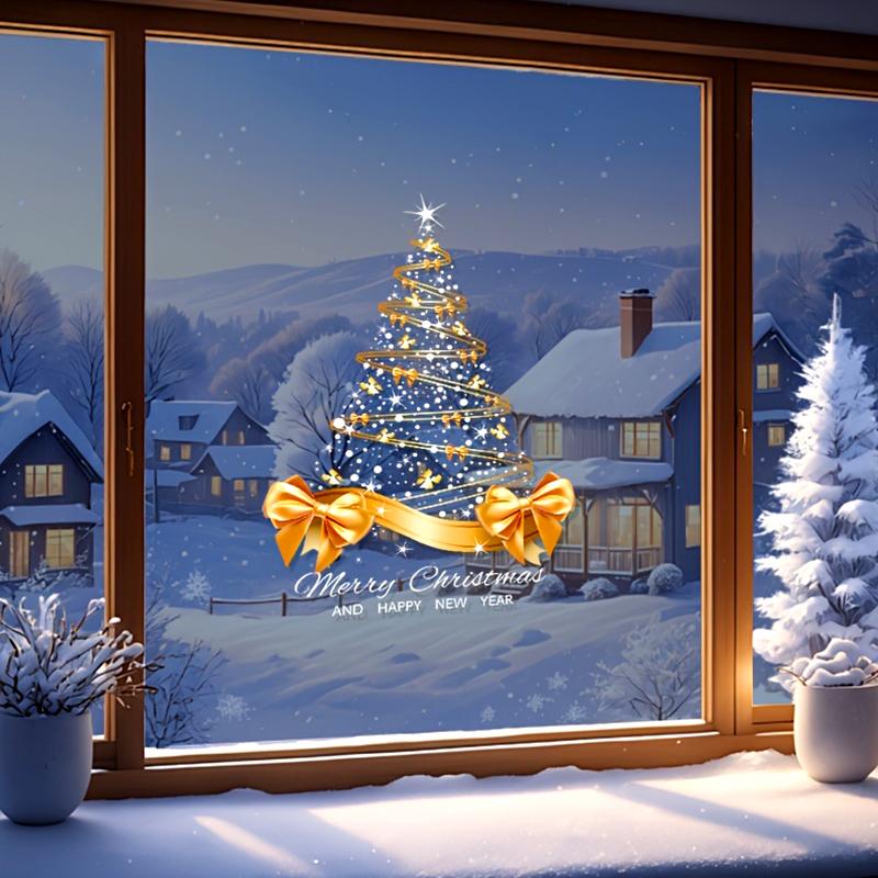 1 шт. Наклейка на окно для дома с большим бантом DIY ПВХ 40x55 см Рождественская наклейка на окно с елкой Золотая елка