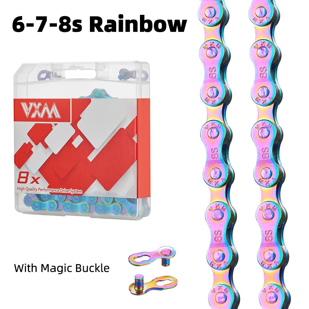 VXM Bicycle Chain Multi-Colored Rainbow 6/7/8/9/10/11 Speed Magic Buckle Road Bike and MTB 116L