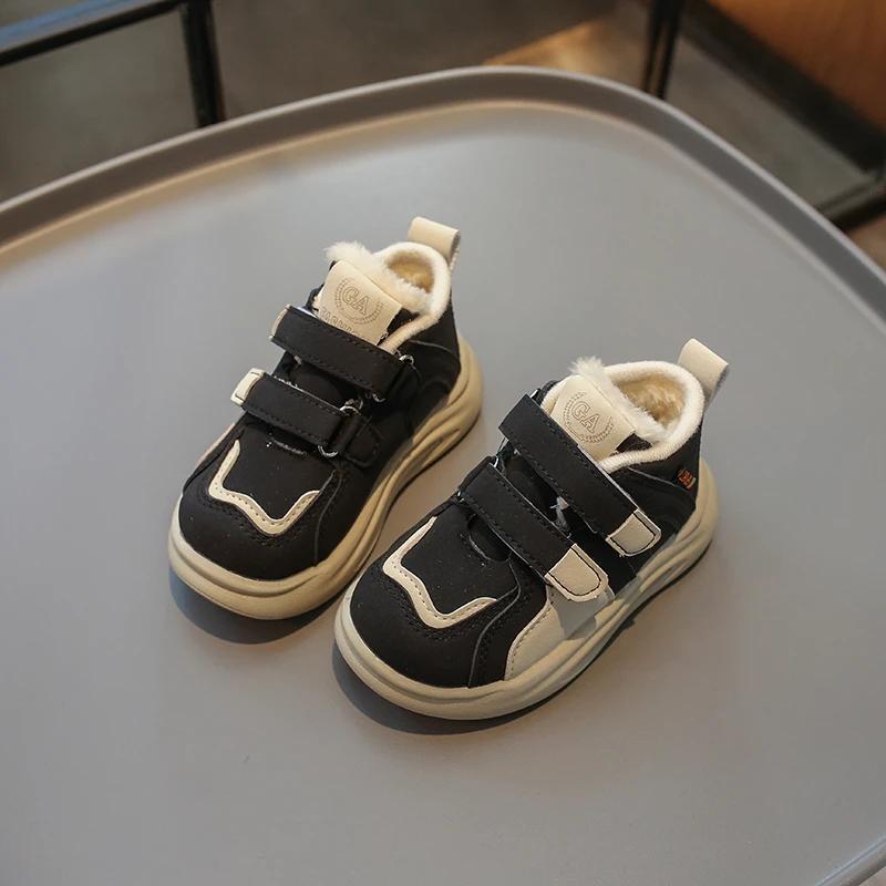 Boys Casual Sport Shoes Winter Warm Britain Style Girls Casual Shoes Double Hook & Loop Children Fashion Leather Shoes 2024 New