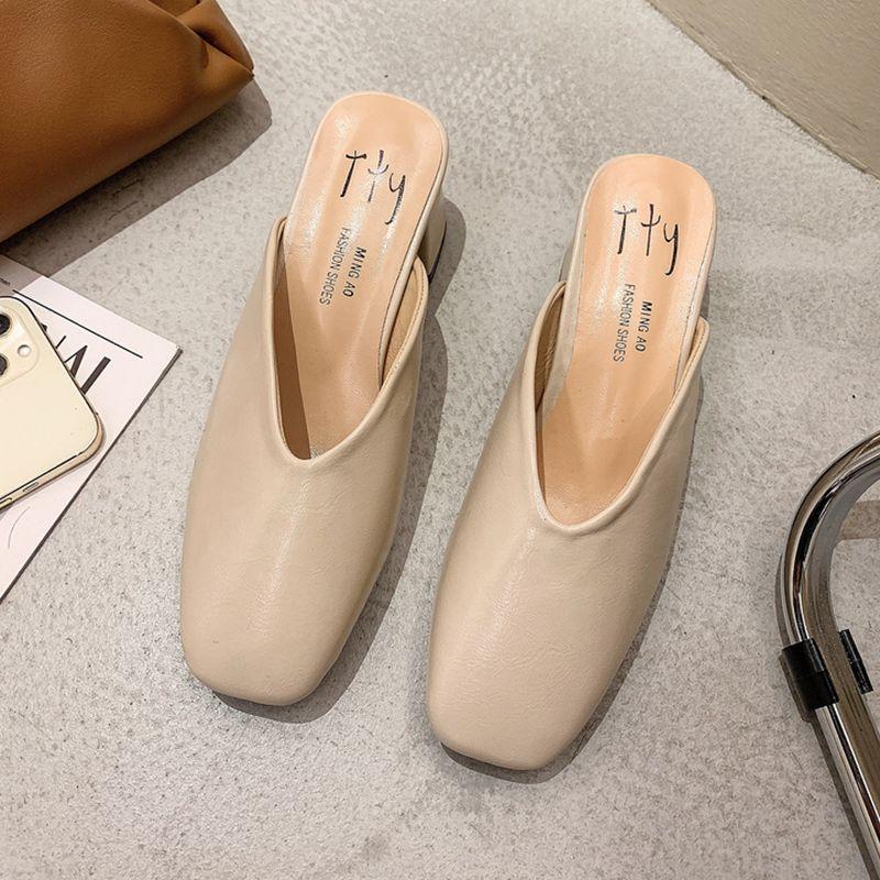 Внешняя сумка голова полутапочки женская обувь весна новая толстый каблук ленивые без пятки крутые тапочки нежные