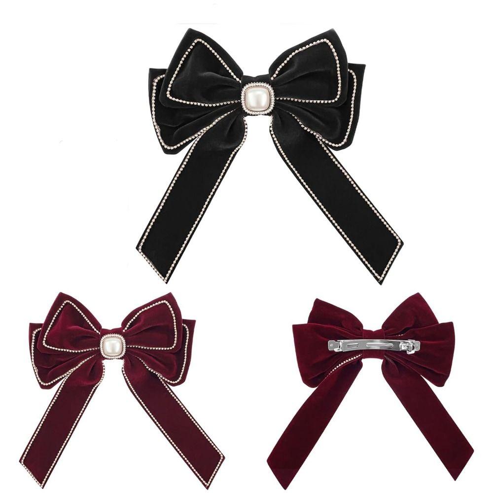 Rhinestone Red Velvet Bow Hair Clip Wine Red New Year Hairpin Bowknot Spring Clip Ponytail Holder