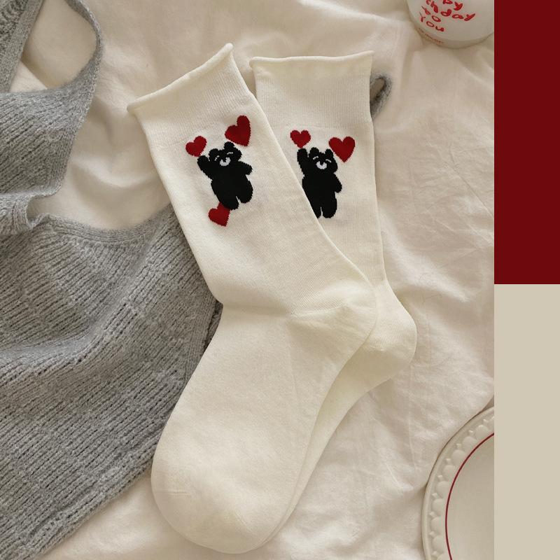 Свернутые носки для женщин, осенние красные и белые носки до середины икры, мультяшные носки-пиле с медведем, полосатые бесшовные носки