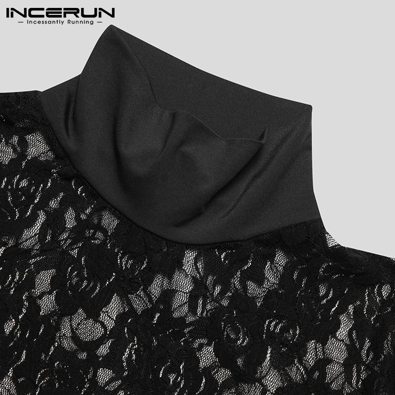 INCERUN Летние мужские сексуальные сетчатые кружевные рубашки с коротким рукавом для вечеринок и клубов, пляжные облегающие футболки