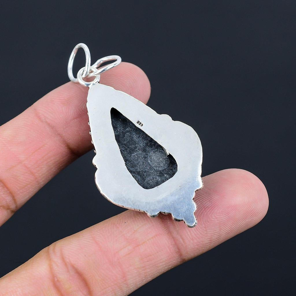 925 Silver Pear Black Fossil Coral Stone Root Chakra Bezel Birthday Wife Pendant