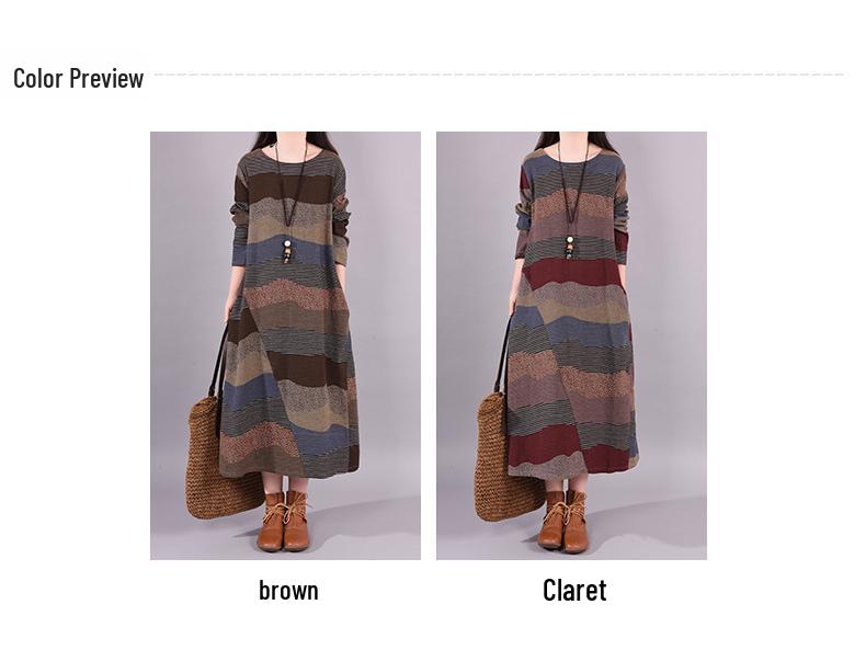 Весеннее женское платье миди из хлопка и льна в полоску пэчворк с круглым вырезом и длинными рукавами, 2025