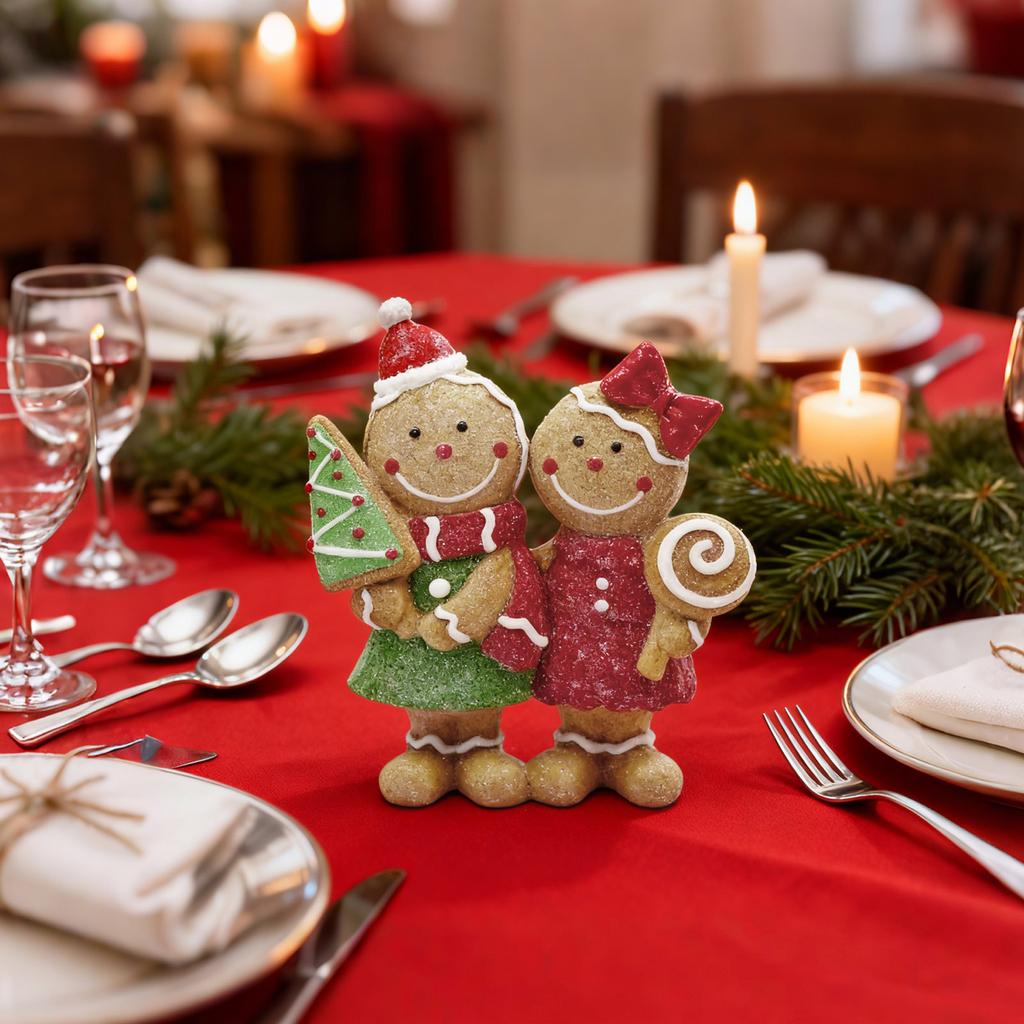 Рождественская пара пряничных человечков, полимерная фигурка – Расписанный вручную праздничный декор, Мальчик с печеньем в виде елки и Девочка с бантом и леденцом, Настольный/Каминный