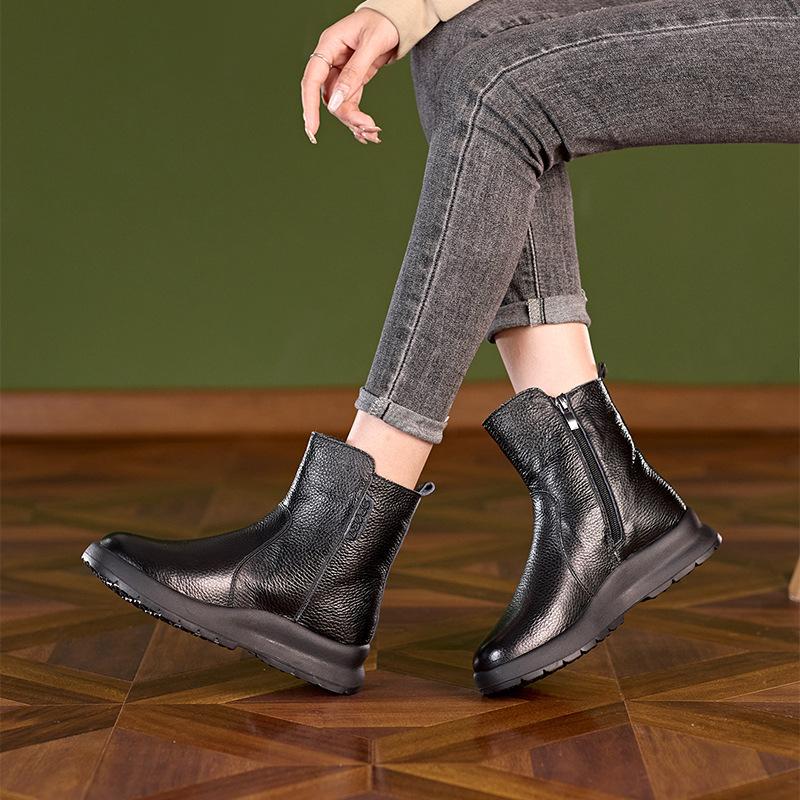 First Layer Cowhide Autumn and Winter Leather Martin Boots Women's Side Zipper Leather Women's Large Size Casual Shoes