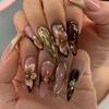 Press On Nails Gold Fake Nails Flower Glue On Nails with 3D Design Almond Stick On Nails Glossy Artificial Acrylic Full Cover False Nails for Women
