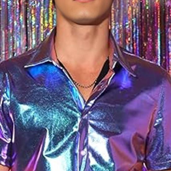 Мужская блестящая металлическая рубашка с коротким рукавом, рубашка с лацканами на пуговицах, сверкающая диско