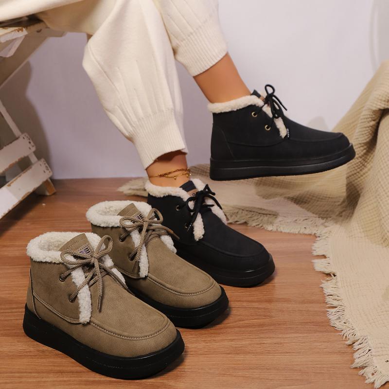 Повседневные меховые зимние ботинки на шнуровке для женщин 2025 модные ботильоны на толстой подошве с мехом зимние теплые из короткого плюша дизайнерская обувь женская